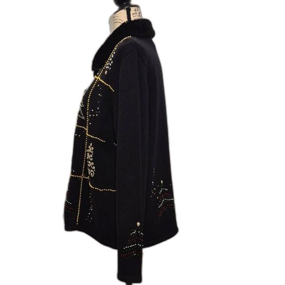 Vintage Studio Joy Holiday Sweater XL Button Front Embellished Faux Fur Collar - Picture 3 of 11